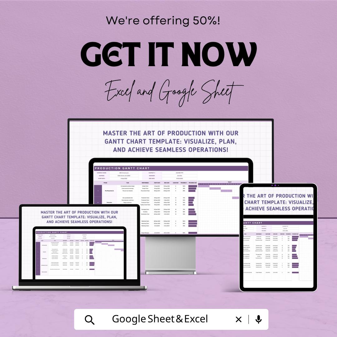 Production Gantt Chart Template | Manufacturing Schedule Planner | Project Timeline Tracker | Production Planning Spreadsheet
