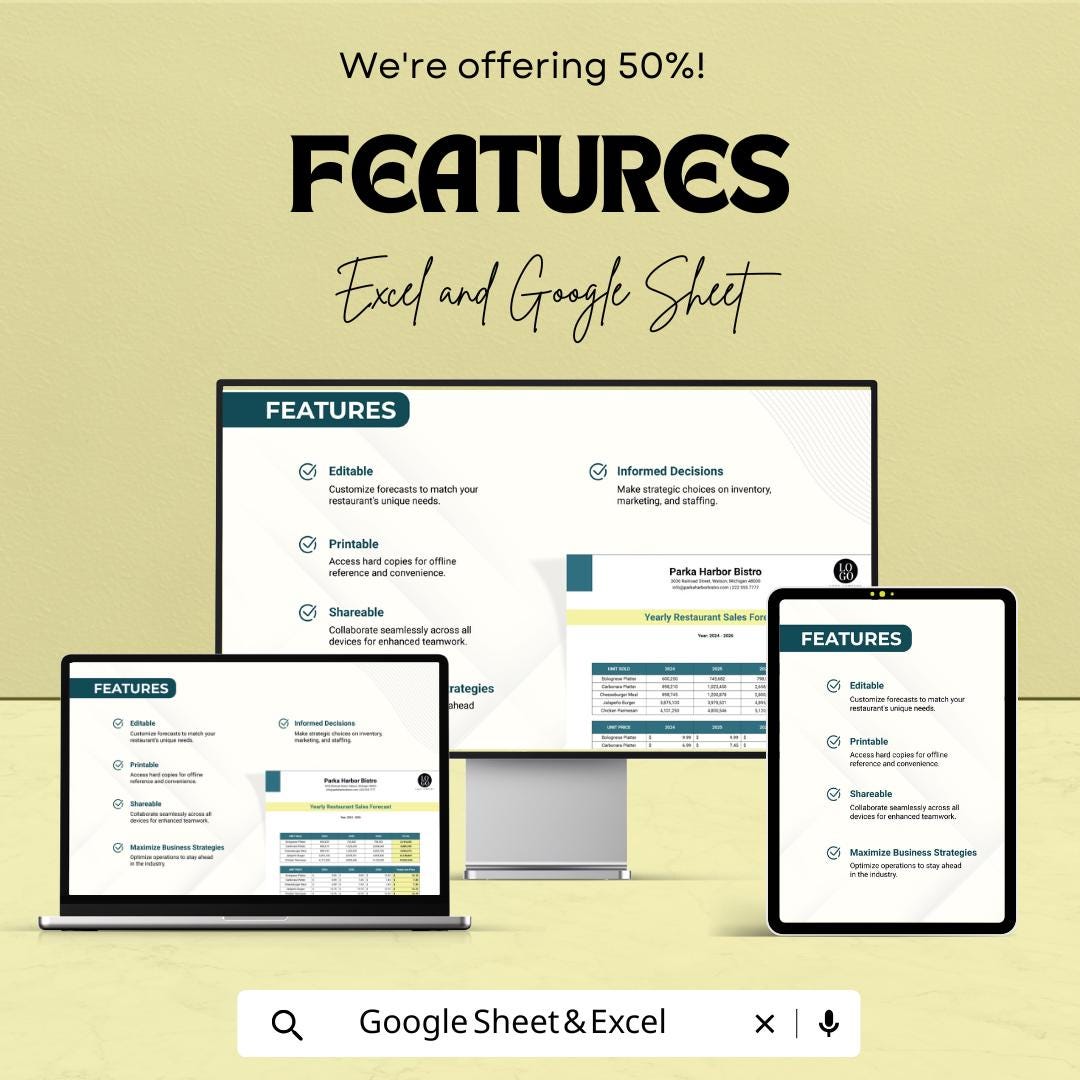 Restaurant Sales Forecast Template | Food & Beverage Forecasting | Restaurant Revenue Planner | Sales Projection Template