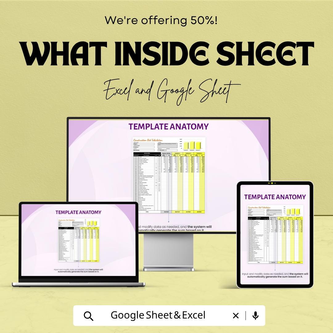 Construction Bid Tabulation Template Excel Google Sheets | Contractor Bid Comparison Spreadsheet | Project Cost Estimator |