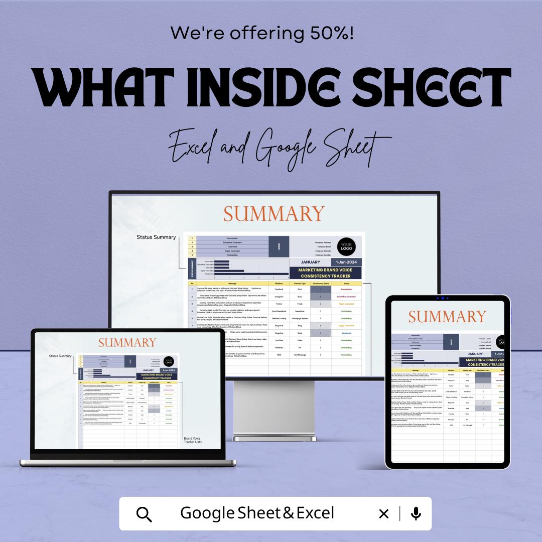 Marketing Brand Voice Consistency Tracker Template | Brand Messaging Audit Tool | Excel & Google Sheets Marketing Tracker