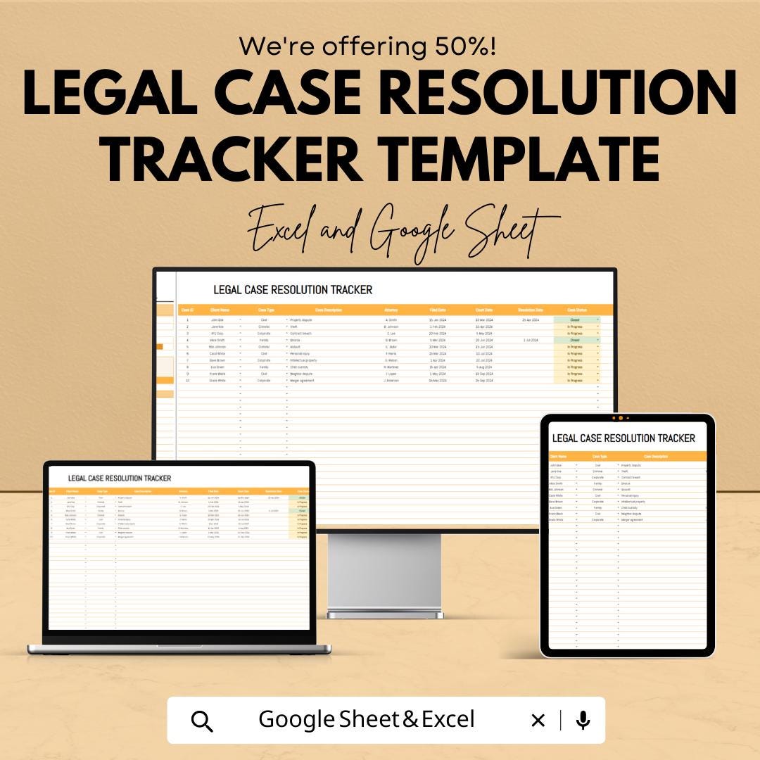 Legal Case Resolution Tracker, Law Firm Case Outcome Spreadsheet, Attorney Case Status Log, Legal Case Management Template