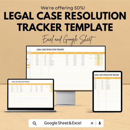 Legal Case Resolution Tracker, Law Firm Case Outcome Spreadsheet, Attorney Case Status Log, Legal Case Management Template