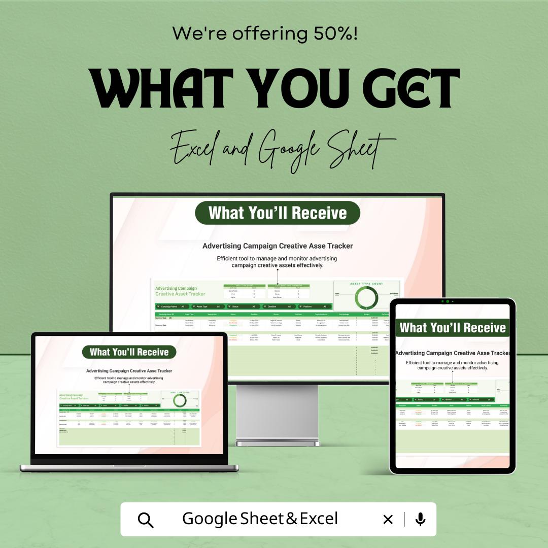 Advertising Campaign Tracker, Creative Asset Tracker Template, Marketing Content Planner, Campaign Management Spreadsheet
