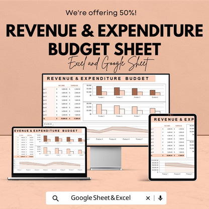 Revenue & Expenditure Budget Sheet | Monthly Income and Expense Tracker | Excel and Google Sheets Template | Business Budget Planner