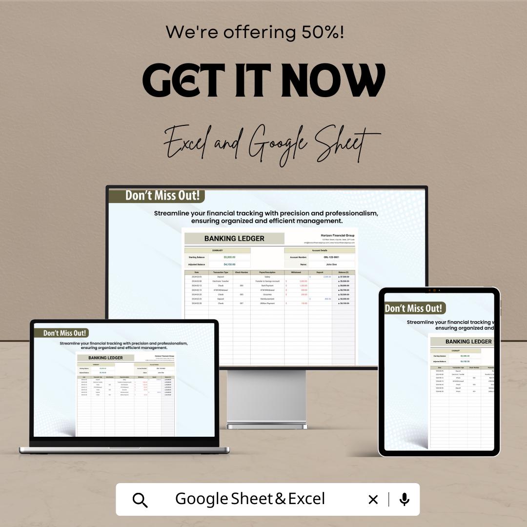 Banking Ledger Template | Bank Transaction Tracker | Account Register Spreadsheet | Personal and Business Finance Ledger