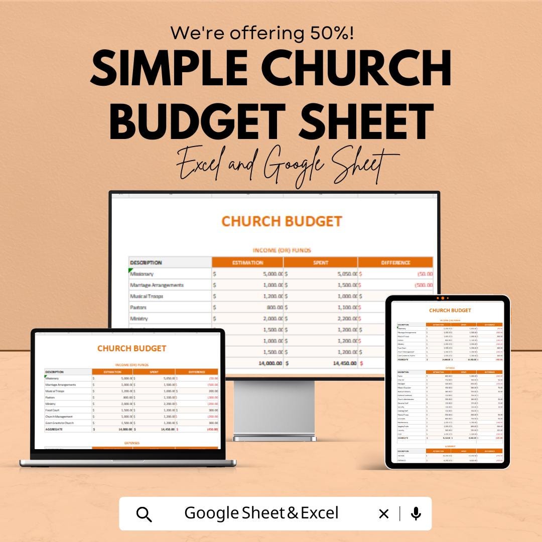 Simple Church Budget Sheet - Excel & Google Sheets Template for Church Fund Management and Financial Planning