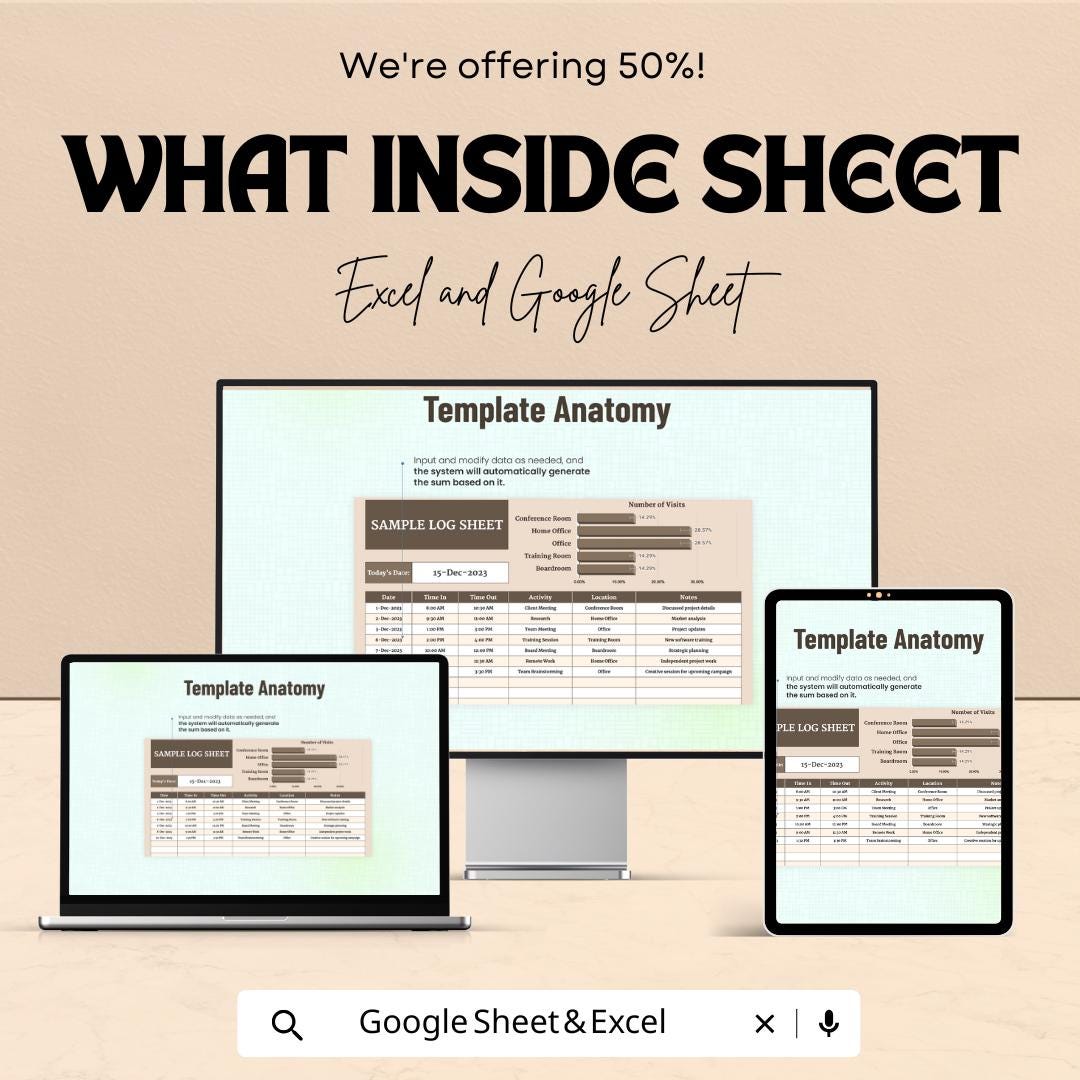 Sample Log Sheet | Excel and Google Sheets Template | Track Visits & Activities | Customizable Log Template | 50% Off