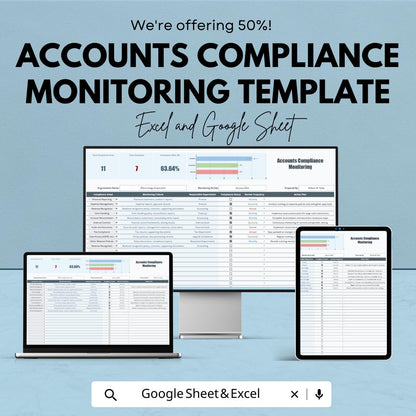 Accounts Compliance Monitoring Template, Finance Compliance Tracker, Audit Checklist Spreadsheet, Accounting Dashboard,