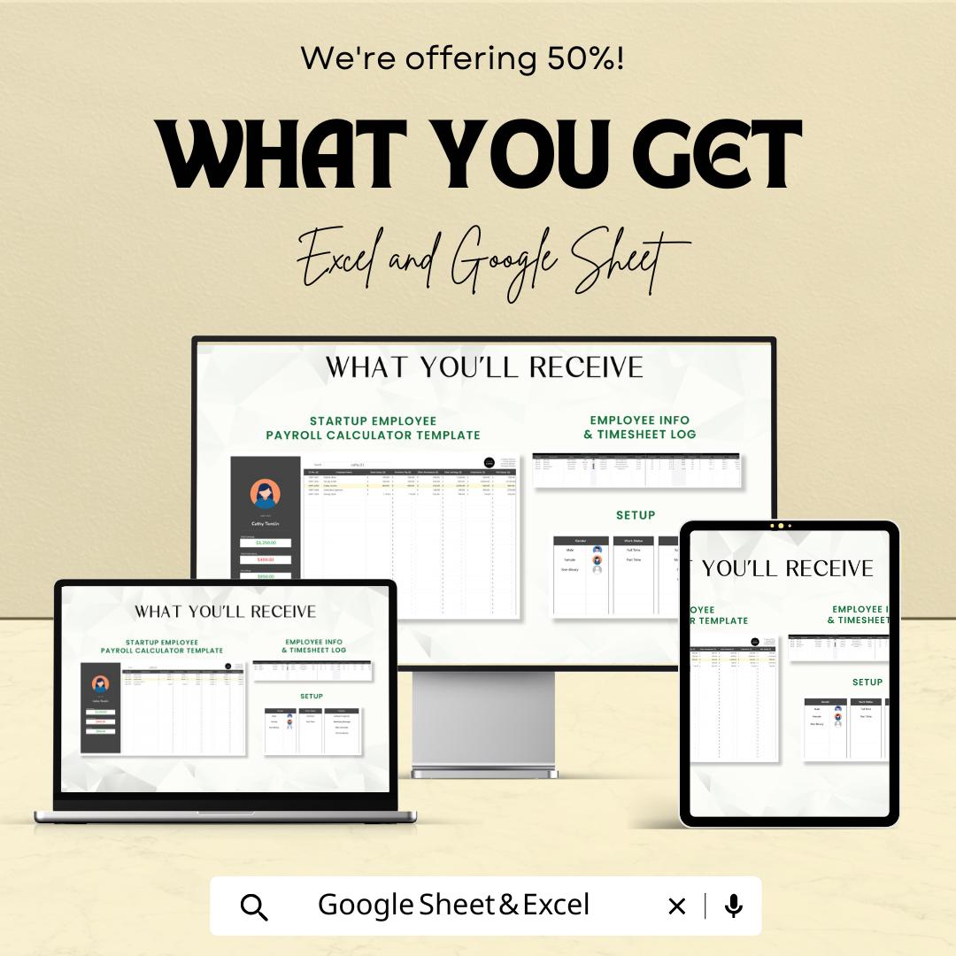 Startup Employee Payroll Calculator Template | Excel and Google Sheets | Small Business Payroll, Salary & Wage Calculator Spreadsheet