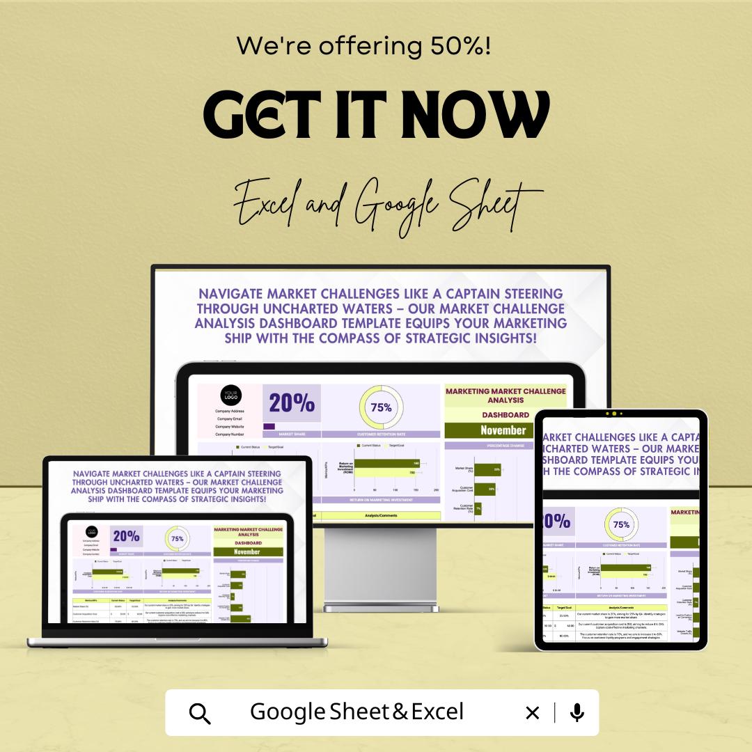 Marketing Analysis Dashboard Template, Market Research Tracker, Excel & Google Sheets Marketing KPI Dashboard, Competitor Analysis Tool