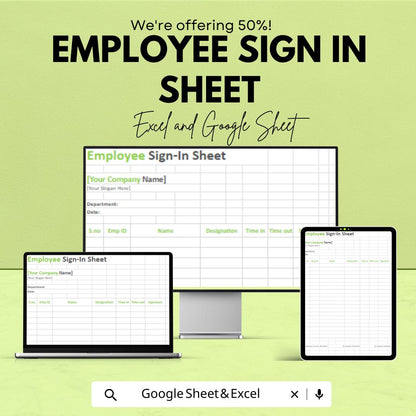 Employee Sign In Sheet Template - Excel & Google Sheets, Track Employee Attendance, Time Clock, HR Record Keeping