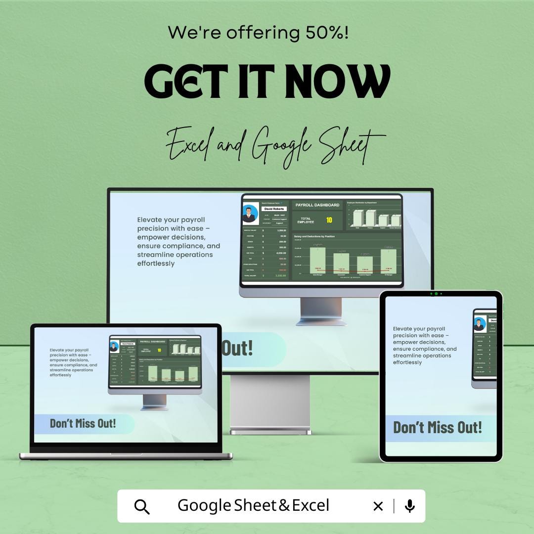 Payroll Dashboard Excel & Google Sheet - Real-Time Employee Salary Management, Compliance Tracking, Customizable Reports