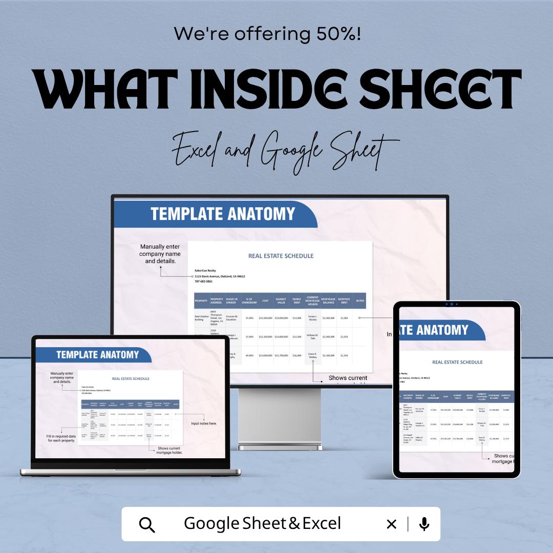 Real Estate Schedule Template | Property Management Spreadsheet | Rental Property Tracker | Investment Property Sheet