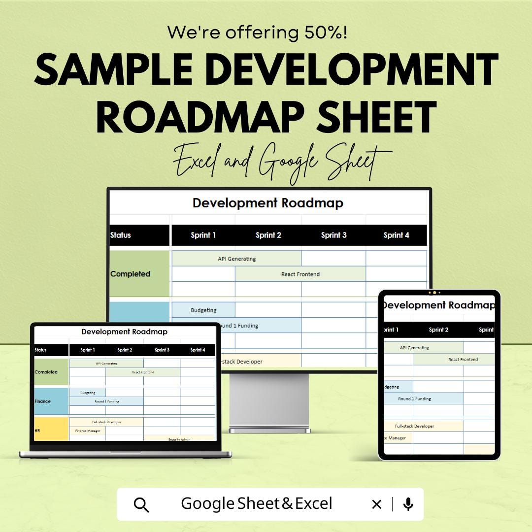 Sample Development Roadmap Sheet | Excel & Google Sheets Template | Sprint Planning | Task Management for Developers