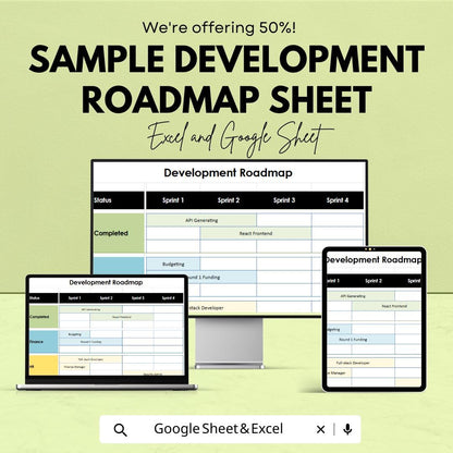 Sample Development Roadmap Sheet | Excel & Google Sheets Template | Sprint Planning | Task Management for Developers