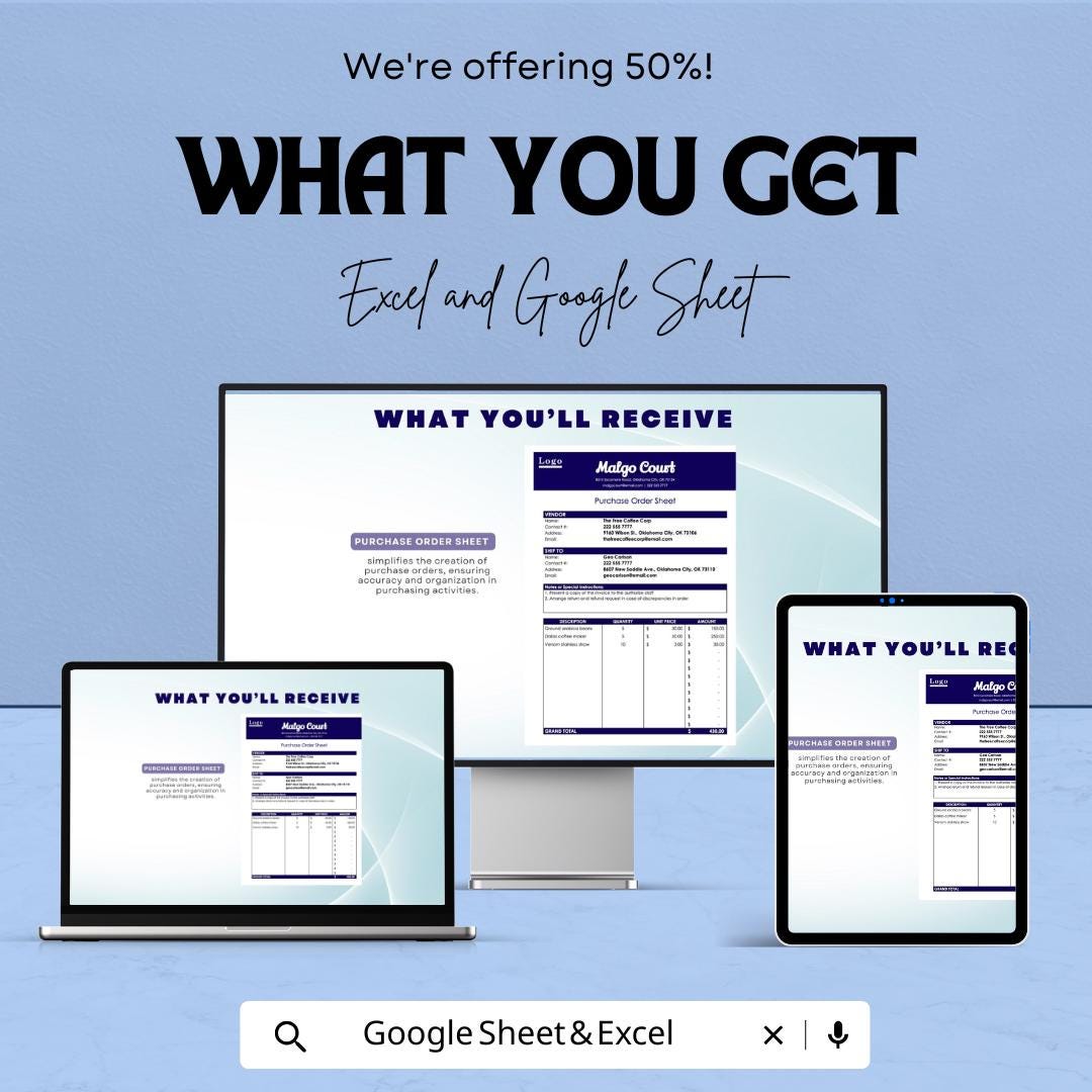 Purchase Order Sheet Template | Editable Purchase Order Form | Business Procurement Tracker | Printable Vendor Order Sheet
