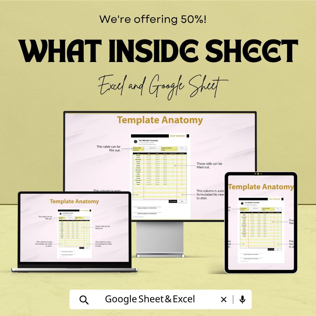 Construction Staff Timesheet Template Excel Google Sheets | Employee Time Tracker | Payroll Spreadsheet | Workforce Management Sheet |