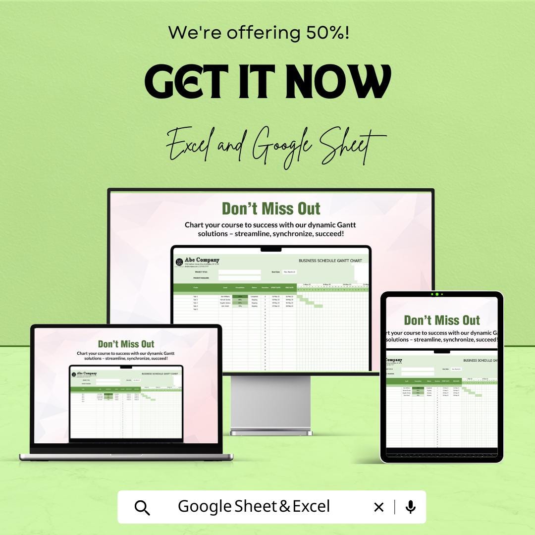 Business Schedule Gantt Chart Sheet - Project Planning, Task Management, Google Sheets & Excel Template for Scheduling