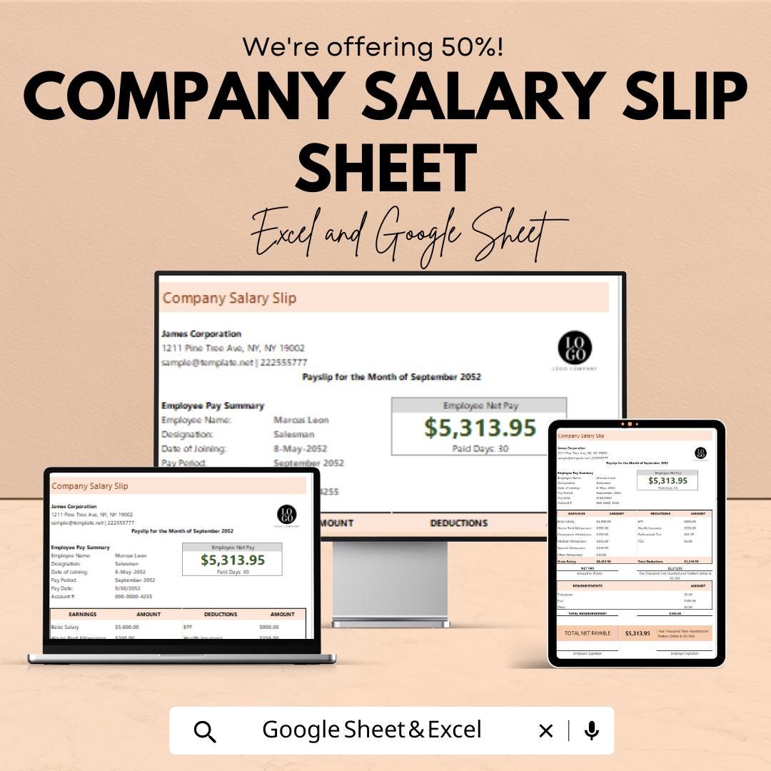 Company Salary Slip Sheet - Excel & Google Sheets Template, Payroll Tracker, Employee Payslip Generator, Instant Download