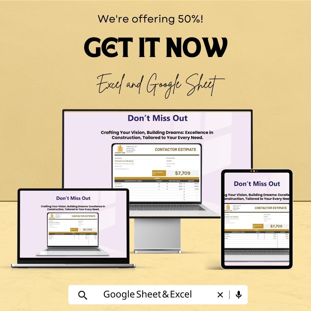 Building Contractor Estimate Sheet | Construction Cost Estimate Template for Projects | Excel & Google Sheet Template | Instant Download
