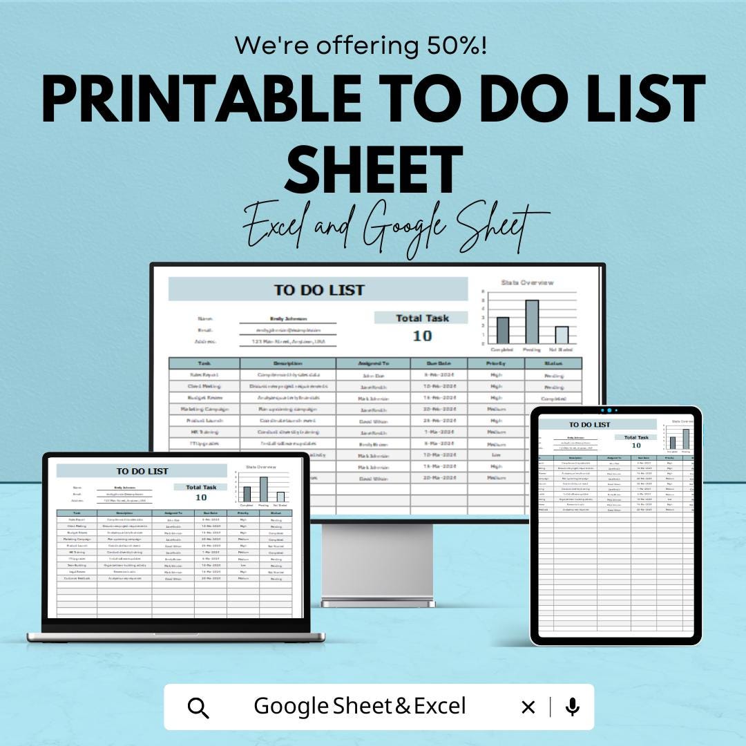 Printable To Do List Excel & Google Sheet | Task Tracker | Daily Planner | Editable Productivity Spreadsheet | Instant Download