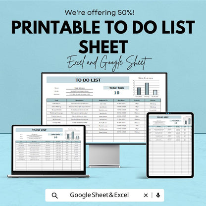 Printable To Do List Excel & Google Sheet | Task Tracker | Daily Planner | Editable Productivity Spreadsheet | Instant Download