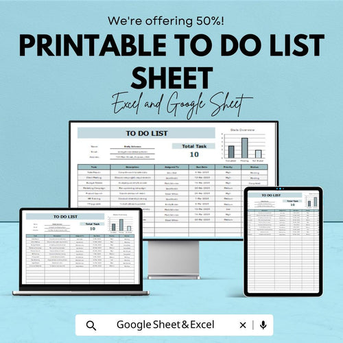 Printable To Do List Excel & Google Sheet | Task Tracker | Daily Planner | Editable Productivity Spreadsheet | Instant Download