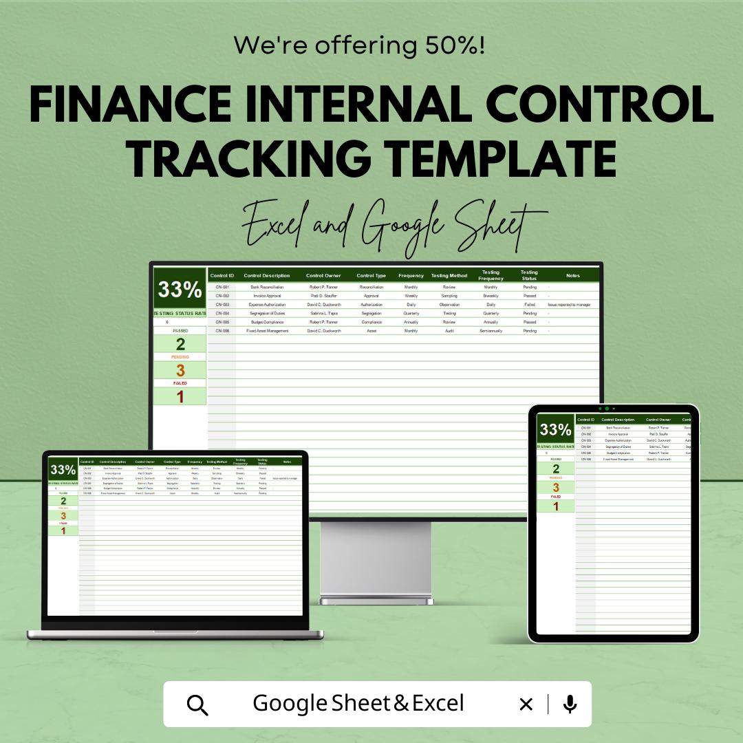 Finance Internal Control Tracking Template, Internal Control Log, Audit Control Tracker, Compliance Spreadsheet, Excel Google Sheets