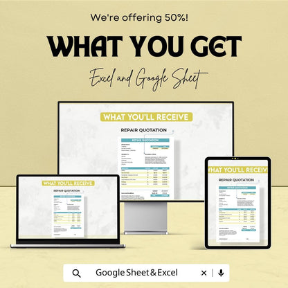 Sample Repair Quotation Sheet - Excel and Google Sheets Template | 50% Off | Construction & Home Repair Quotes