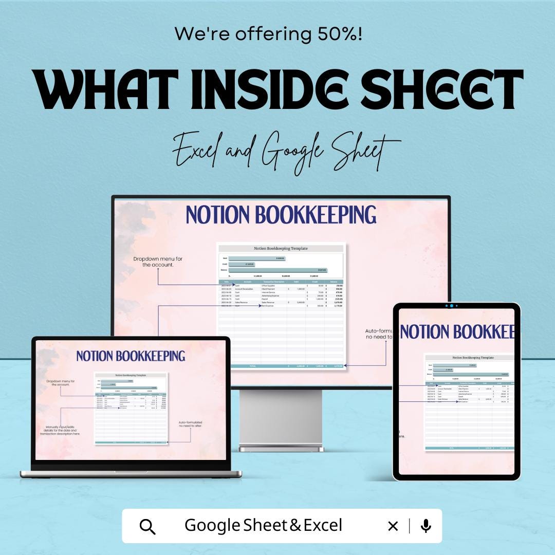 Notion Bookkeeping Sheet | Excel and Google Sheets Template | Business Finance Tracker | Debit Credit Ledger | Instant Download