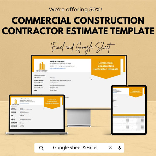 Commercial Construction Estimate Template Excel | Contractor Bid Template | Construction Cost Estimator | Proposal Spreadsheet |