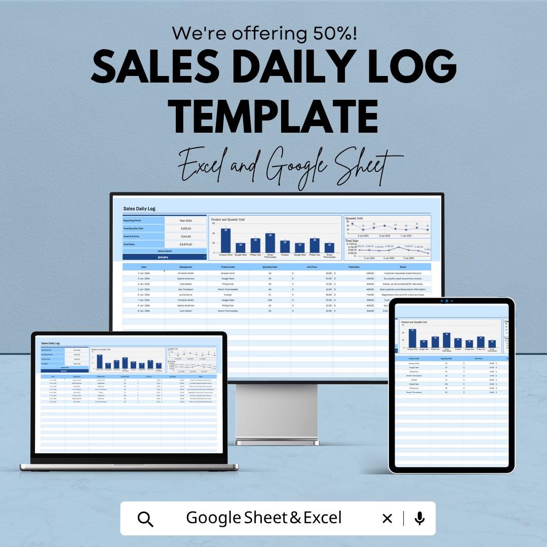 Sales Daily Log Template | Sales Tracker Spreadsheet | Daily Sales Report Template | Excel & Google Sheets | Sales Performance Dashboard