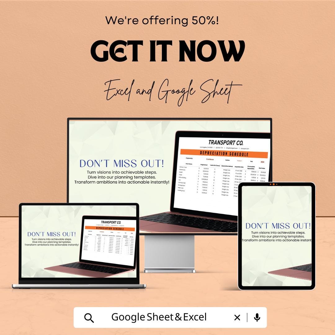 Transport & Logistics Depreciation Schedule Sheet | Excel and Google Sheet Template | Fleet Asset Tracker | Editable Financial Log