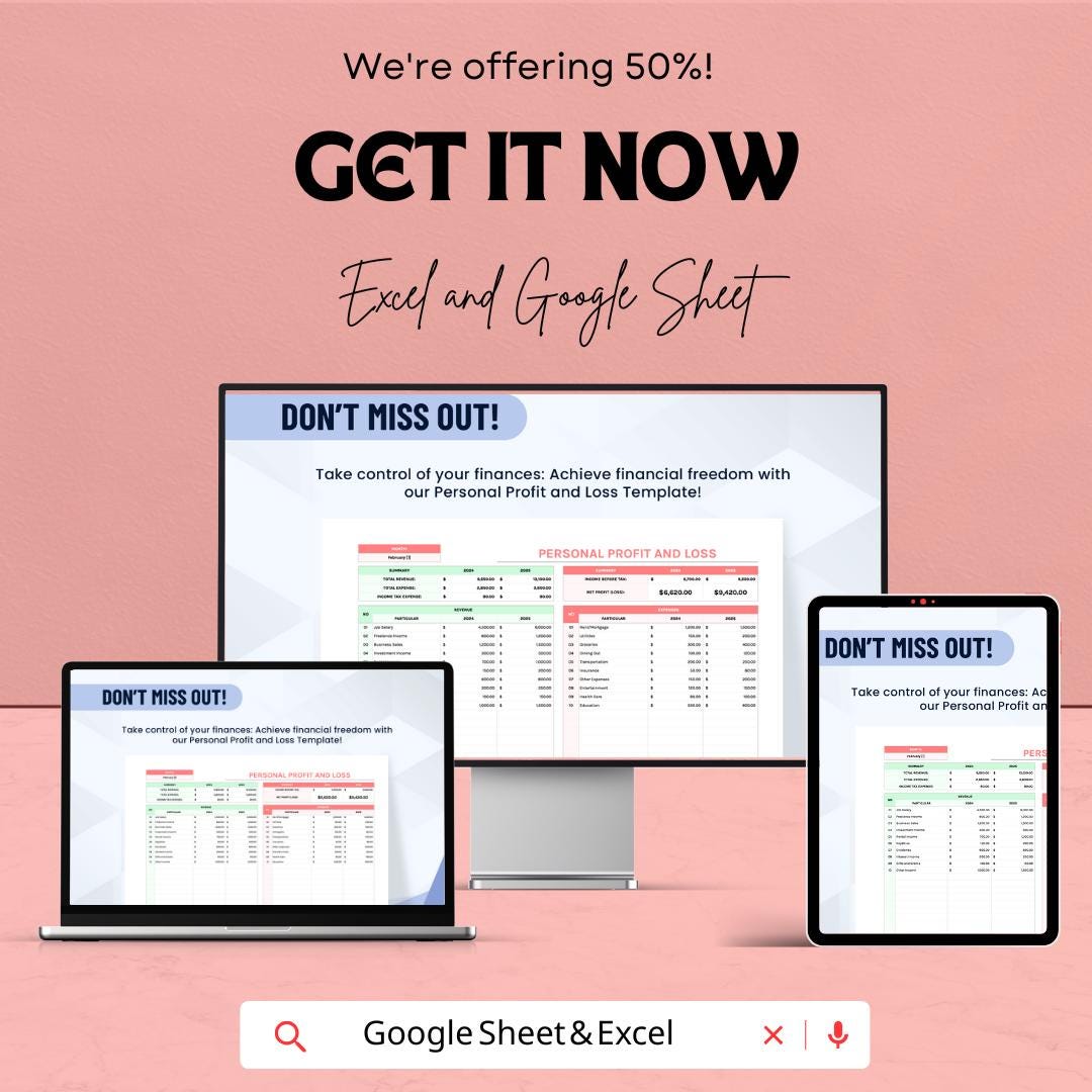 Personal Profit and Loss Sheet Template - Track Your Finances, Expenses - Monthly Tracker - Budget Planner - Financial Management