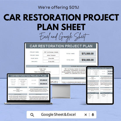 Car Restoration Project Plan Sheet | Google Sheet | Project Management Template | Customizable Gantt Chart | Restoration Project Planner