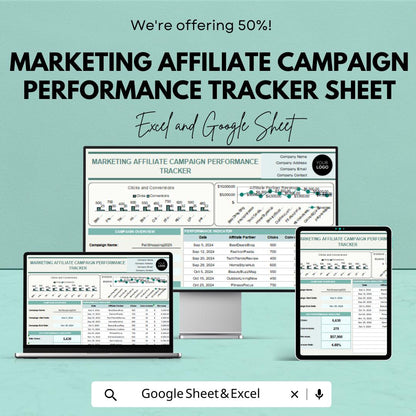 Marketing Affiliate Campaign Performance Tracker Sheet | Excel and Google Sheet | Track Affiliate Performance & ROI | Marketing Spreadsheet