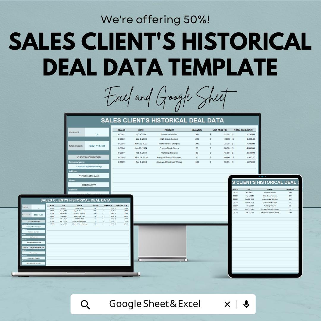 Sales Client’s Historical Deal Data Template | Excel & Google Sheets | Sales Tracker | Client Record Spreadsheet | Business CRM Sheet