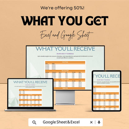 Blank Daily IT Schedule Sheet | Excel & Google Sheet Template | Task Organizer | Shift Planner | Employee Task Tracker | 50% OFF Now!