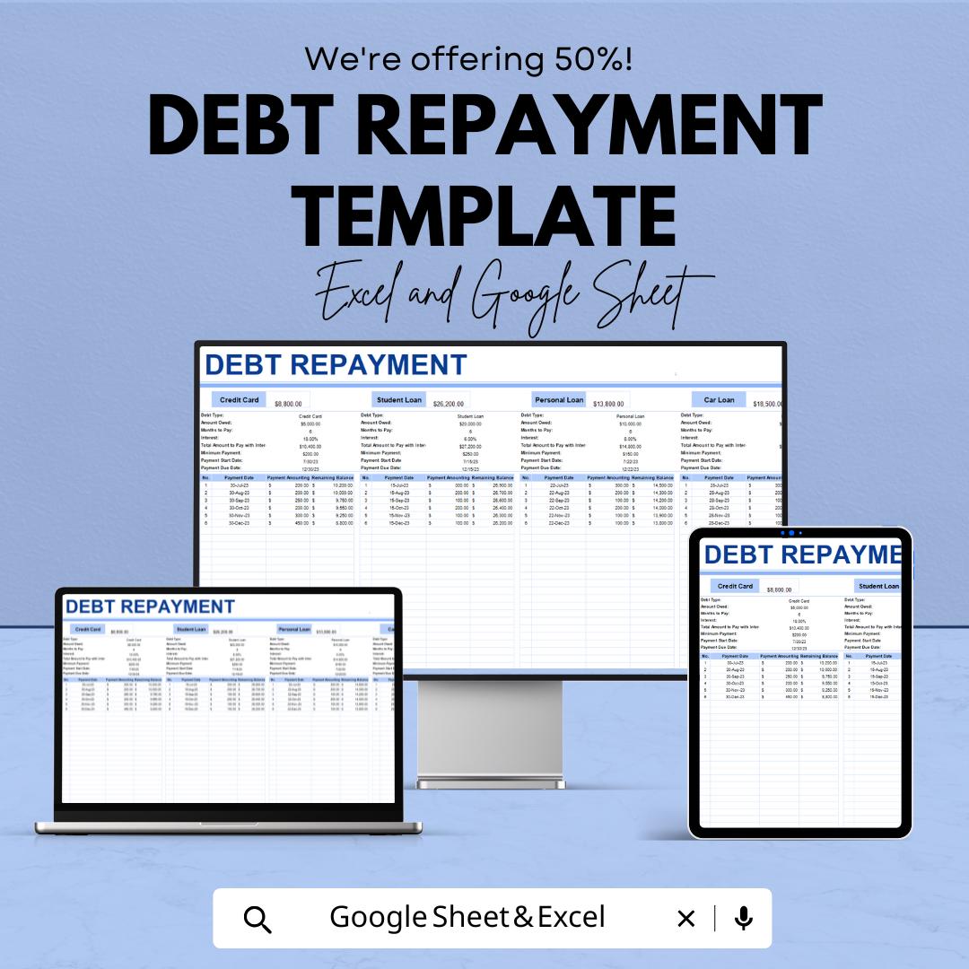 Debt Repayment Template | Debt Payoff Tracker Spreadsheet | Loan Payment Schedule | Debt Reduction Calculator