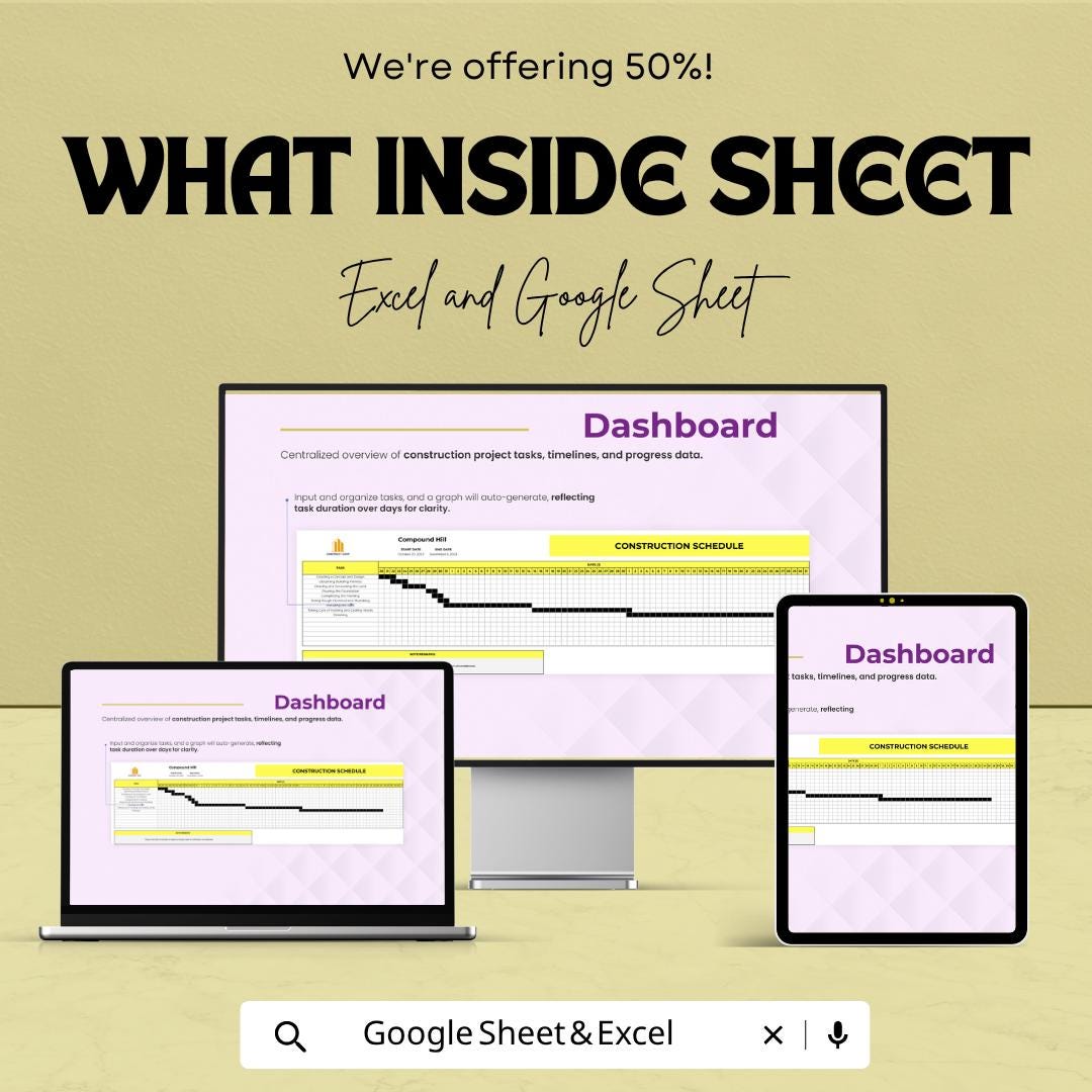 Construction Schedule Template | Project Timeline Spreadsheet | Gantt Chart Planner | Construction Project Management Tool