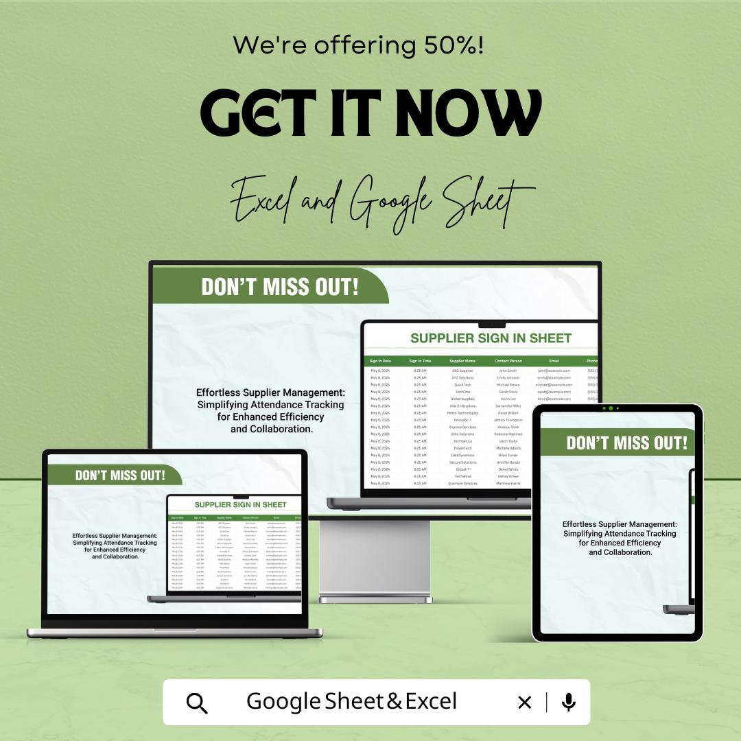Supplier Sign In Sheet Template | Vendor Log Sheet | Excel and Google Sheets | Supplier Attendance Register | Business Tracking Template