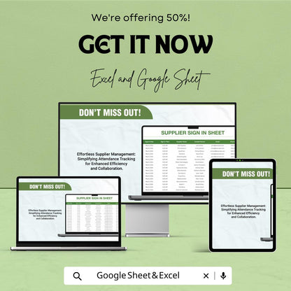 Supplier Sign In Sheet Template | Vendor Log Sheet | Excel and Google Sheets | Supplier Attendance Register | Business Tracking Template