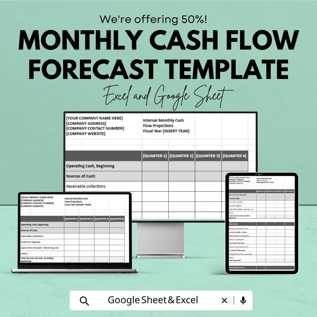 Monthly Cash Flow Forecast Template | Business Budget Planner | Financial Projection Spreadsheet | Cash Flow Management Tracker |