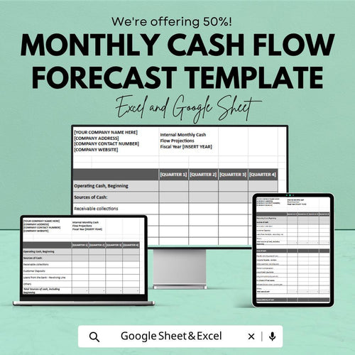 Monthly Cash Flow Forecast Template | Business Budget Planner | Financial Projection Spreadsheet | Cash Flow Management Tracker |