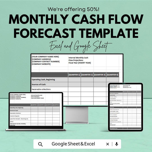 Monthly Cash Flow Forecast Template | Business Budget Planner | Financial Projection Spreadsheet | Cash Flow Management Tracker |