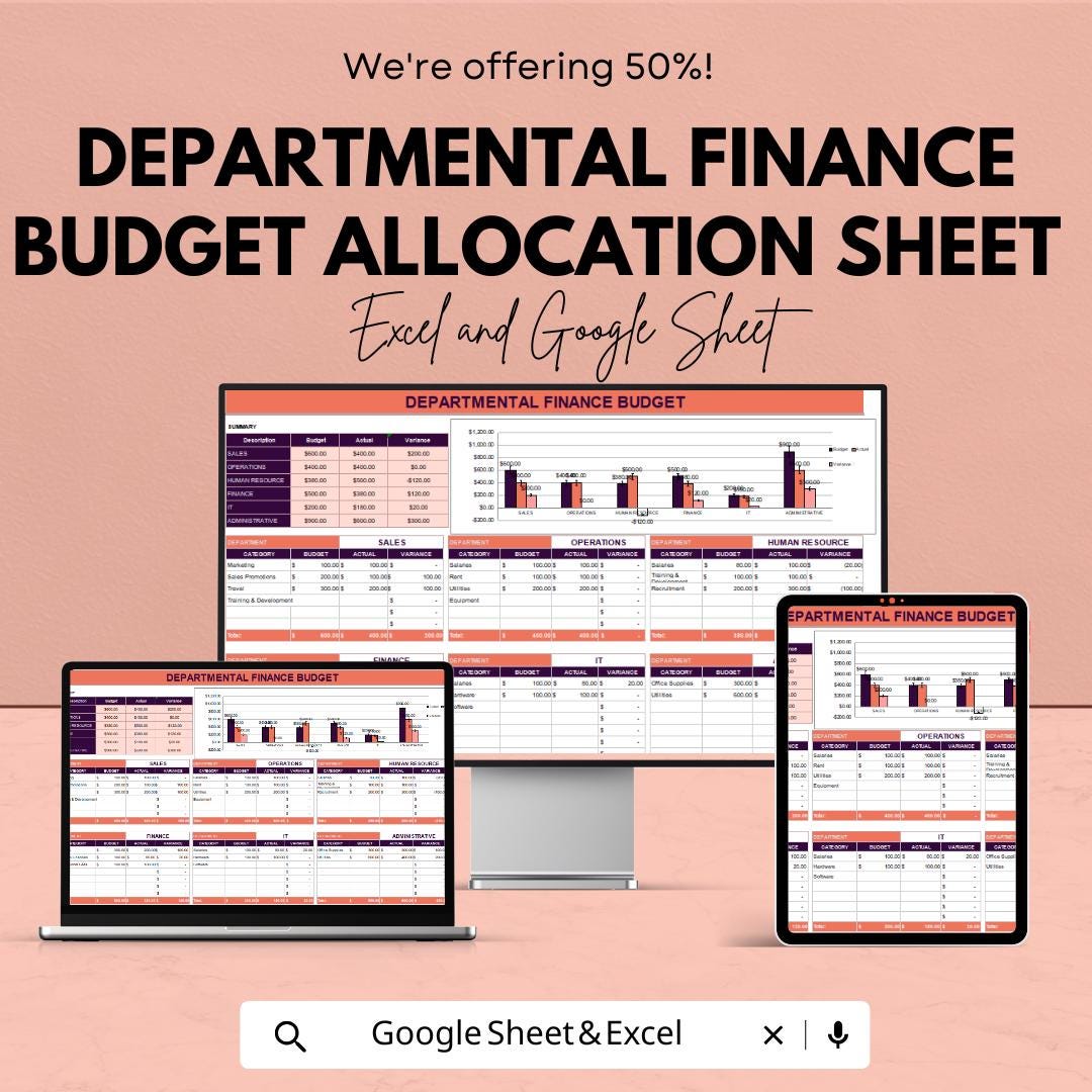 Departmental Finance Budget Allocation Sheet | Excel and Google Sheet Template for Financial Planning | Budget Management & Analysis