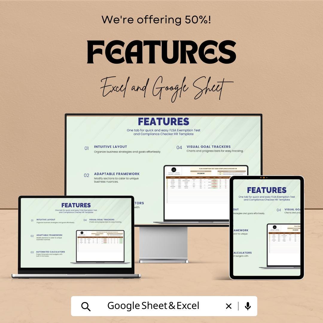 FLSA Exemption Test and Compliance Checker HR Template | Employee Classification Tool | HR Compliance Spreadsheet | Excel & Google Sheets