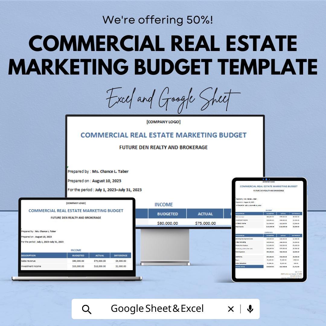 Commercial Real Estate Marketing Budget Template | Real Estate Marketing Planner | ROI Tracker | Business Expense Spreadsheet
