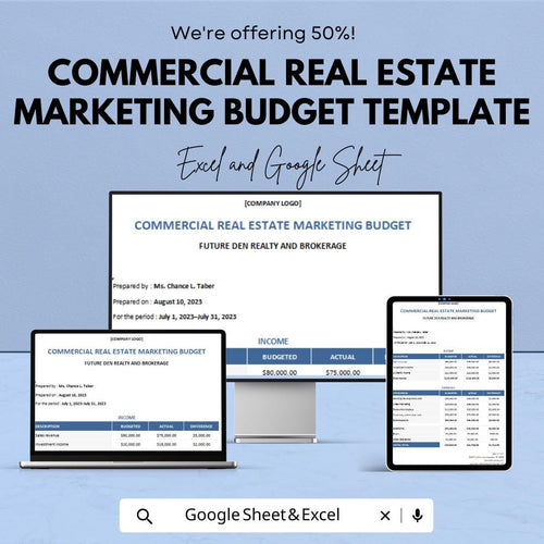Commercial Real Estate Marketing Budget Template | Real Estate Marketing Planner | ROI Tracker | Business Expense Spreadsheet