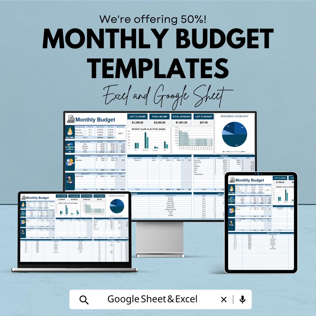 Monthly Budget Templates | Expense Tracker & Income Planner | Excel and Google Sheets Budget Template | Personal Finance Monthly Planner